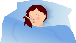 Sjuk person med feber i säng, tecknad bild