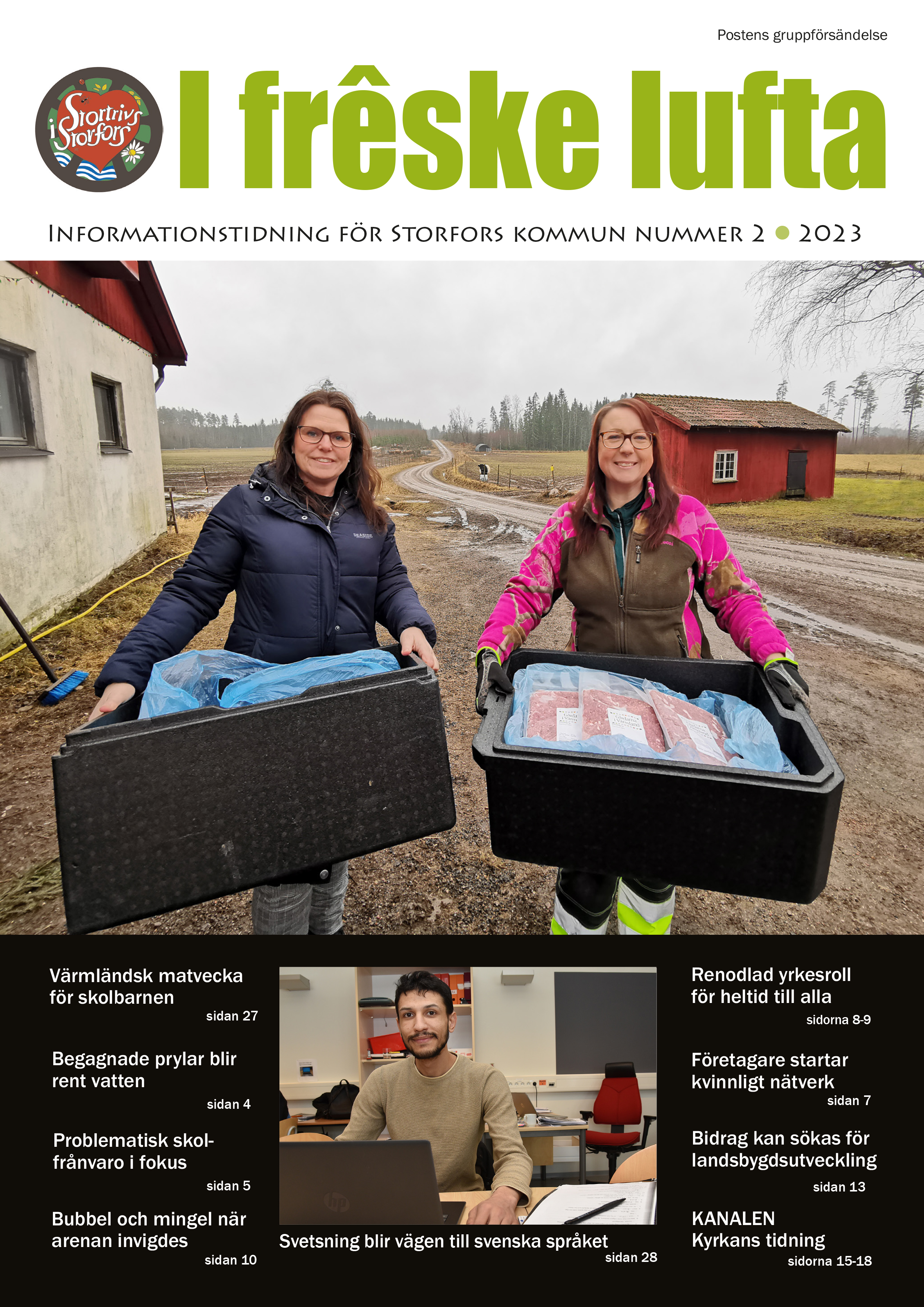 Framsidan på senaste I frêske lufta, kommunens informationstidning visar två kvinnor som håller i lådor med mat