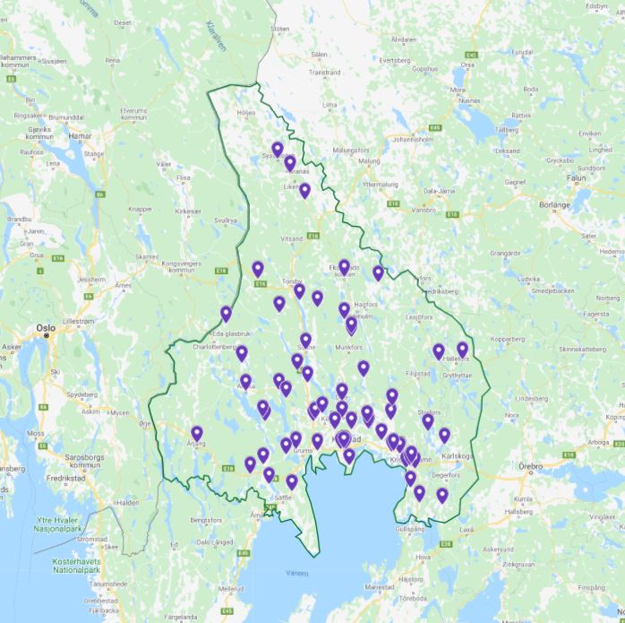 Karta att klicka på för att komma till en klickbar karta med adresser över platser för smaka på Värmland