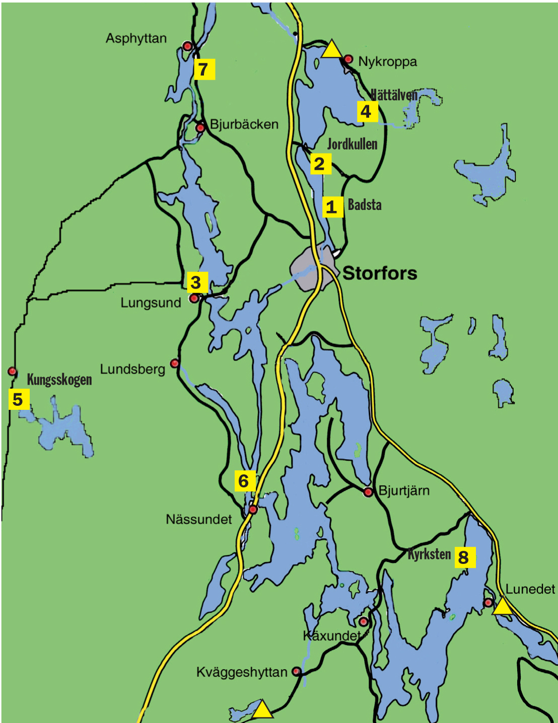 Karta över badplatserna i Storfors