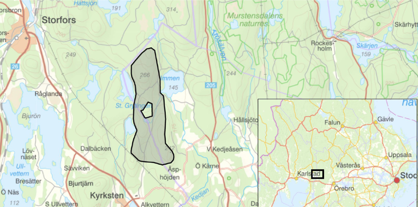 Bild på karta över området där företaget Eolus vill bygga en vindkraftpark.