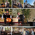 Bilder på artister som spelar cello och dragspel samt publik i Lundsbergs kyrka.